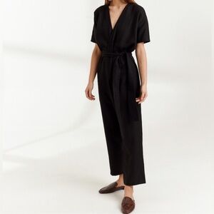 Love And Confuse Linen V Neck Jumpsuit Black Size Medium Beach Minimalist Chic